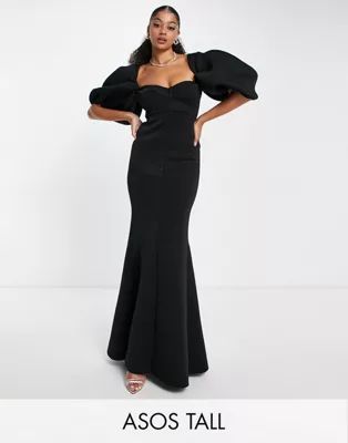 ASOS DESIGN Tall exaggerated sleeve open back maxi dress with sweep hem in black | ASOS (Global)