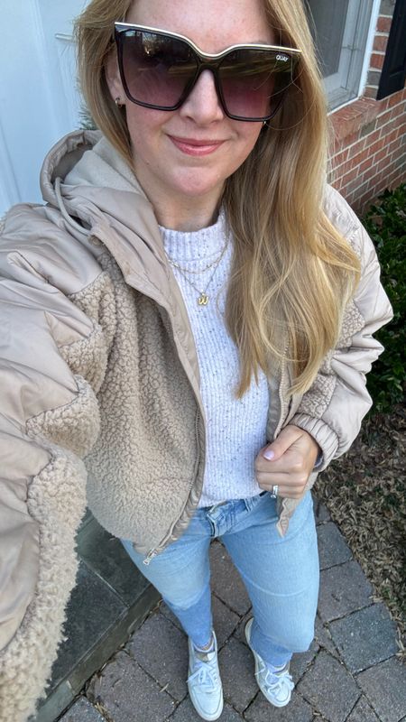 Casual weekend outfit of the day

Athleisure Sherpa jacket with hood in light tan, old Nordstrom sweater and madewell straight leg jeans 

Wearing my normal size in everything 



#LTKSeasonal #LTKstyletip