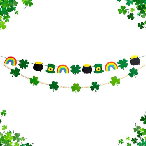 2PCS St Patricks Day Garland Decorations - Felt Wooden Shamrock Banner Garland for St. Patrick's Day Decor, Pre-Strung Saint Patricks Garlands Decorations for Mantle Fireplace Indoor Outdoor Supplies | Amazon (US)