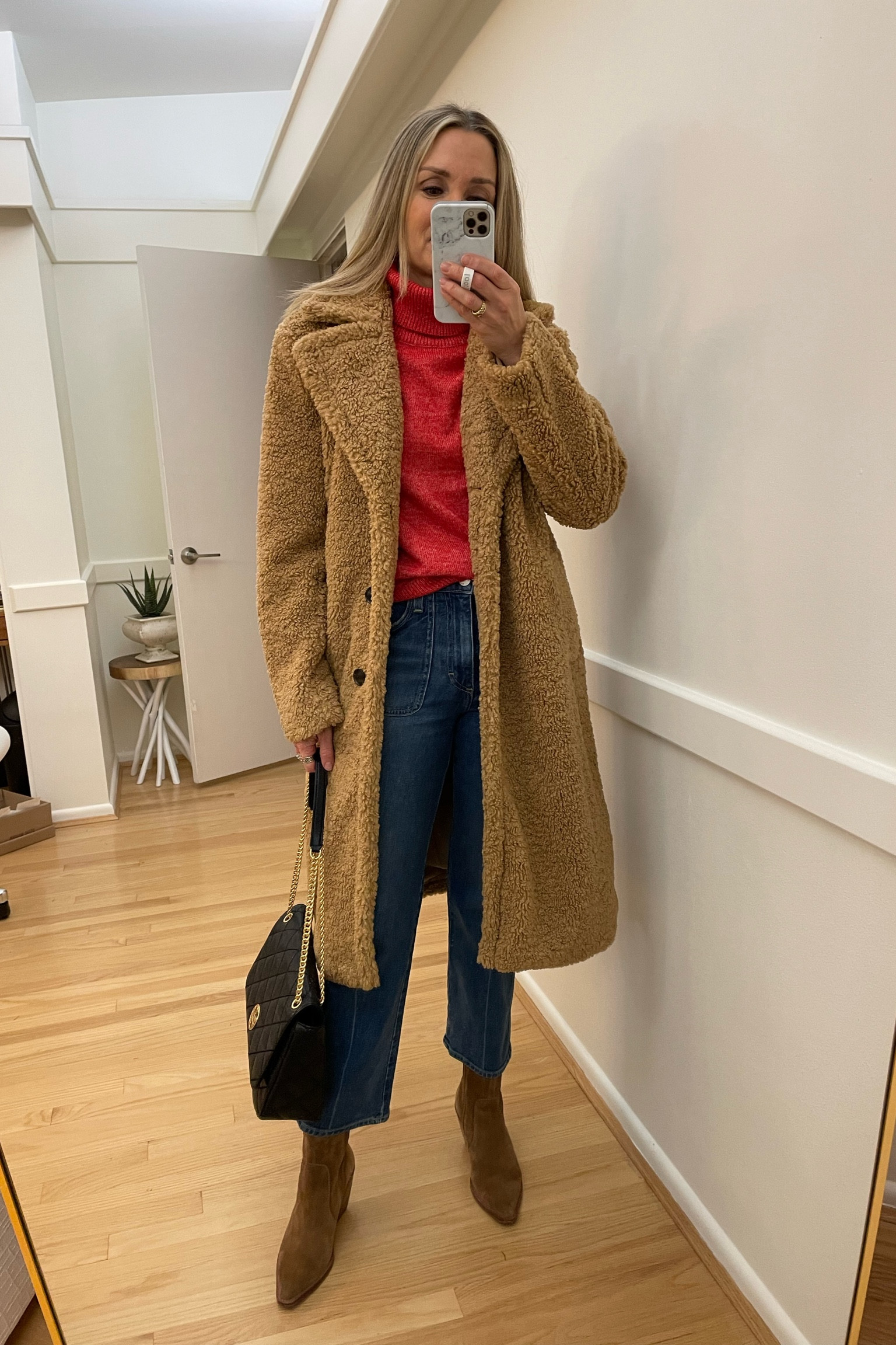 Sunday ootd! Red turtleneck, Sherpa camel coat, crop jeans, western boots 

Winter outfit, sale coat, long camel coat, Valentine’s, church outfit, teacher outfit, workwear 

#LTKunder50 #LTKsalealert #LTKFind