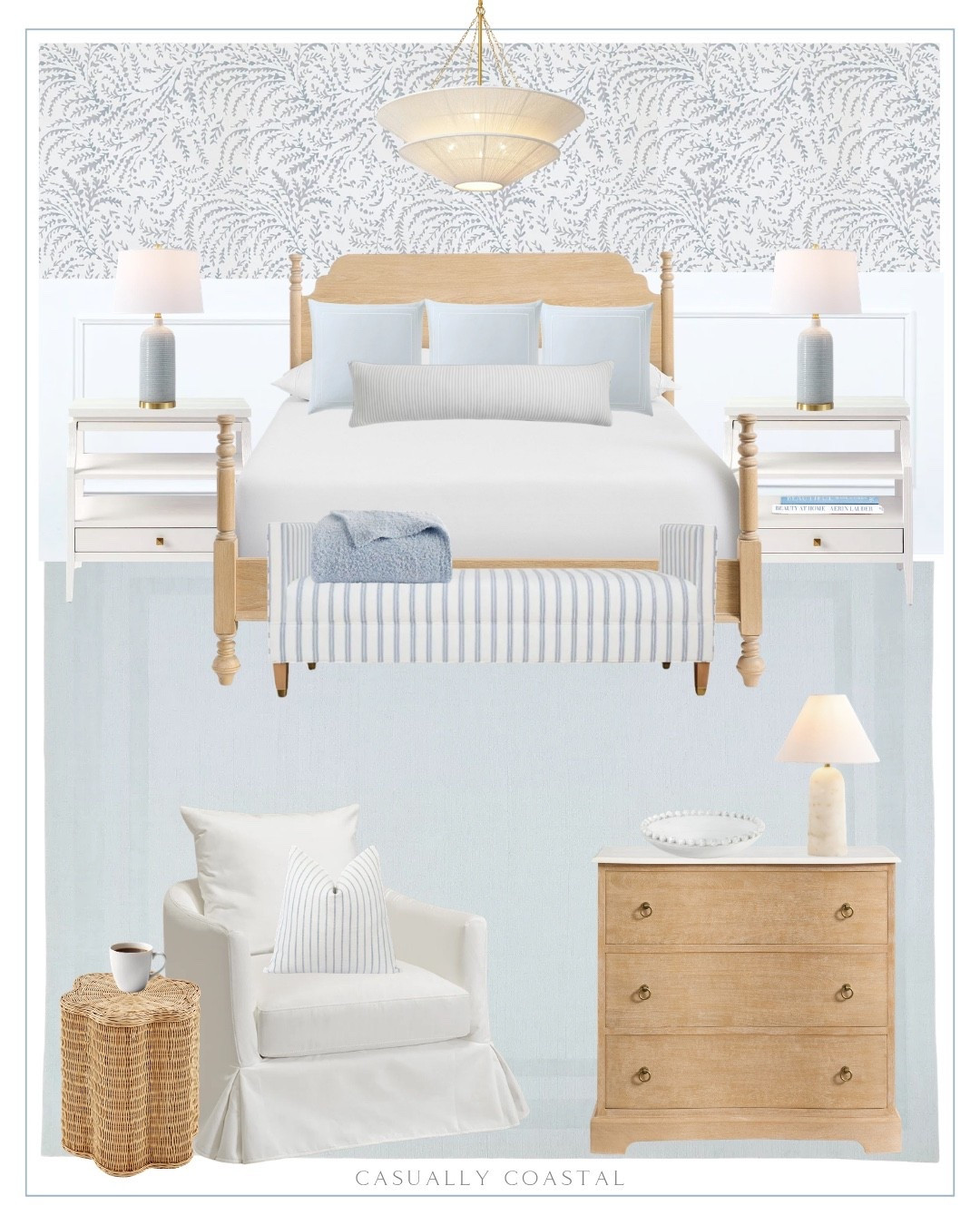 Coastal Bedroom 

Coastal rug, coastal bed, coastal lamp, coastal nightstand, coastal side table, coastal wallpaper, Serena & lily rug, blue rug, bedroom rug, peel and stick wallpaper, scalloped rattan side table, 6 light coastal medieval rope tiered pendant light, ceramic round decorative bowl, 3 drawer dresser, pottery barn dresser, pottery barn bed, four poster bed, table lamp, quince pillow, piped linen striped lumbar pillow cover, coastal bedroom bench, quince throw blanket, coastal sham, tiered nightstand, upholstered slipcovered swivel barrel armchair, Etsy pillow, striped pillow cover, quince bedding, coastal bedding, European linen stripe duvet cover set, silk throw