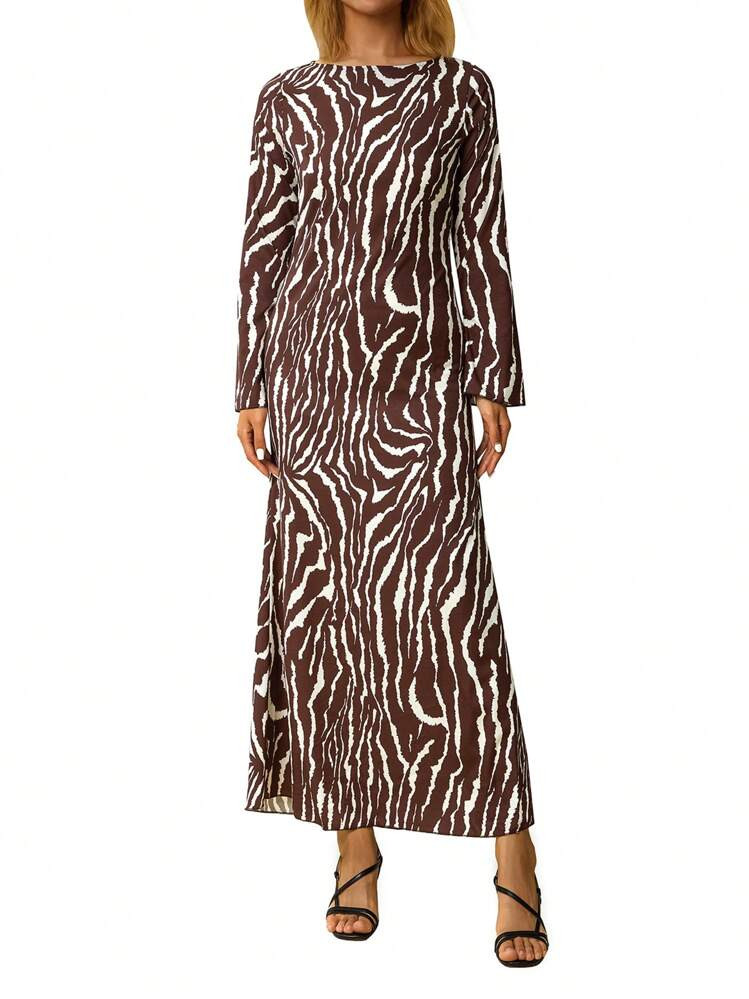 Women Long Dress Zebra Print Long Sleeve Flared Cuff Round Collar Slim Skirt Party Dress Maxi Dress | SHEIN
