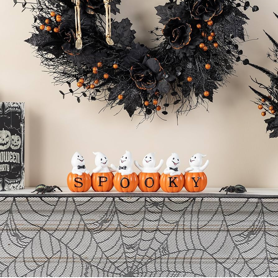 Glitzhome Halloween Polyresin Spooky Ghost Pumpkin Table Decor 15.5" L, Cute Ghosts with Bow Ties... | Amazon (US)
