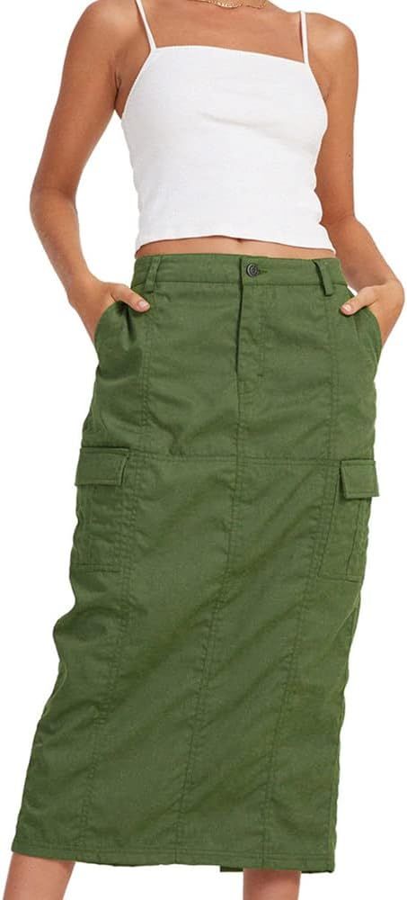 Askyrose Womens Y2K Skirts Cargo Midi Skirt Elegant Long Skirts with Cargo Pockets Denim Skirt | Amazon (CA)