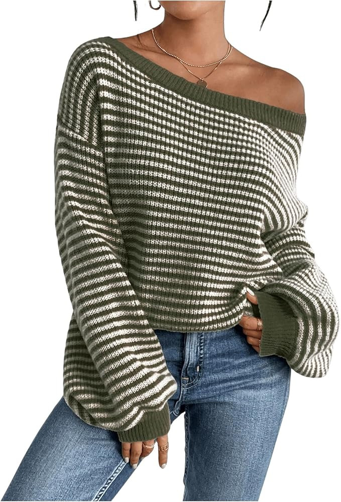 SOLY HUX Women's Off The Shoulder Striped Sweaters Oversized Long Sleeve Knit Pullover Tops | Amazon (US)