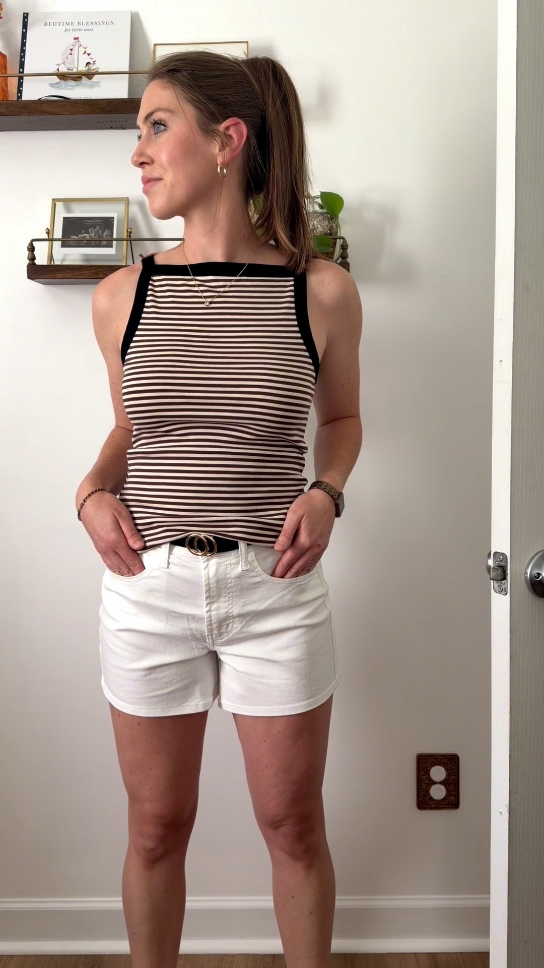 | this shirt is literally less than $12 right now | boat neck shirt | summer tank top | white shorts outfit | mom shorts | modest tops | striped tank | summer outfit ideas | apron neck top |

#LTKootd #LTKTravel #LTKmomlife