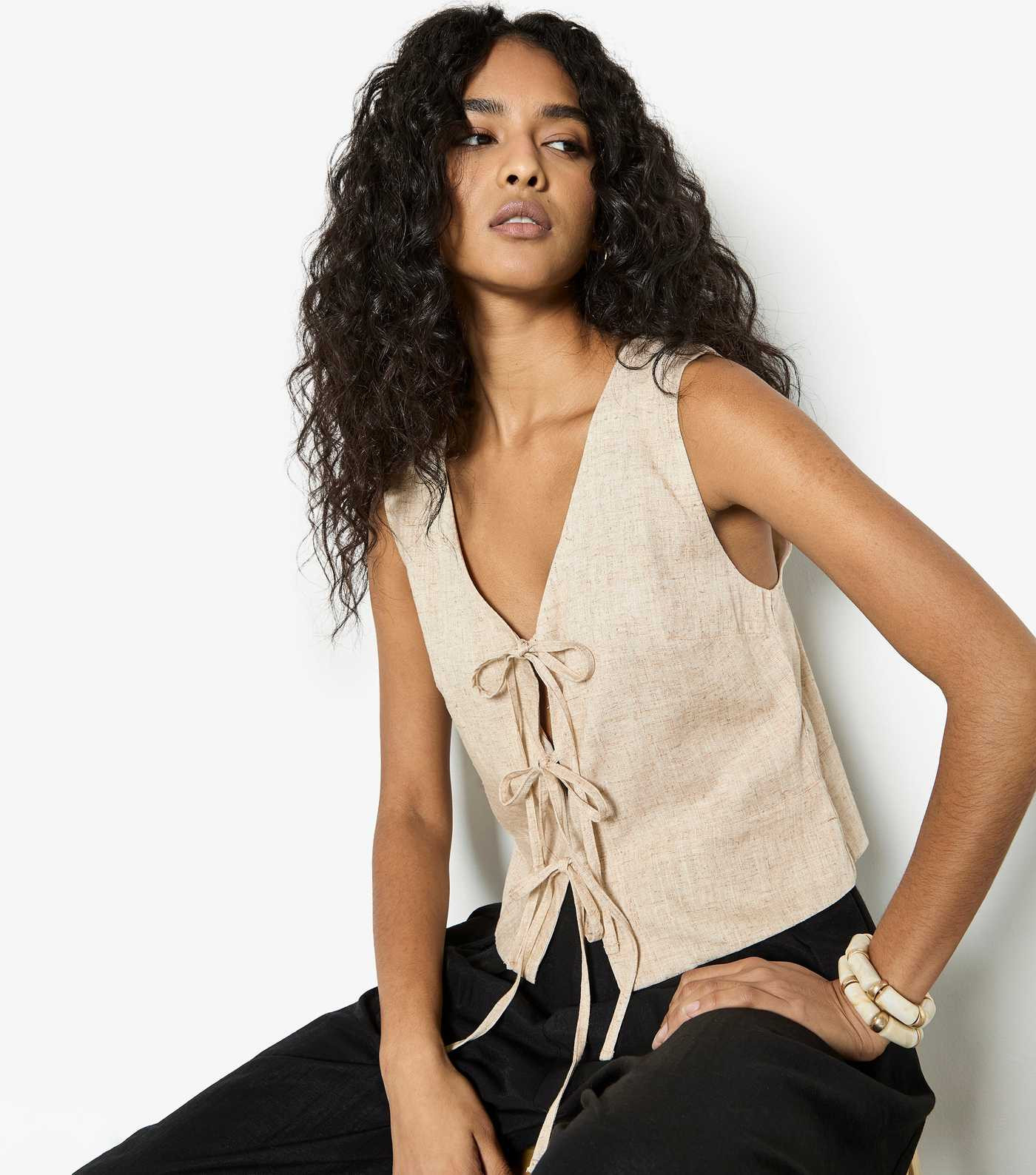 Apricot Stone Linen Rich Tie Front Waistcoat | New Look | New Look (UK)