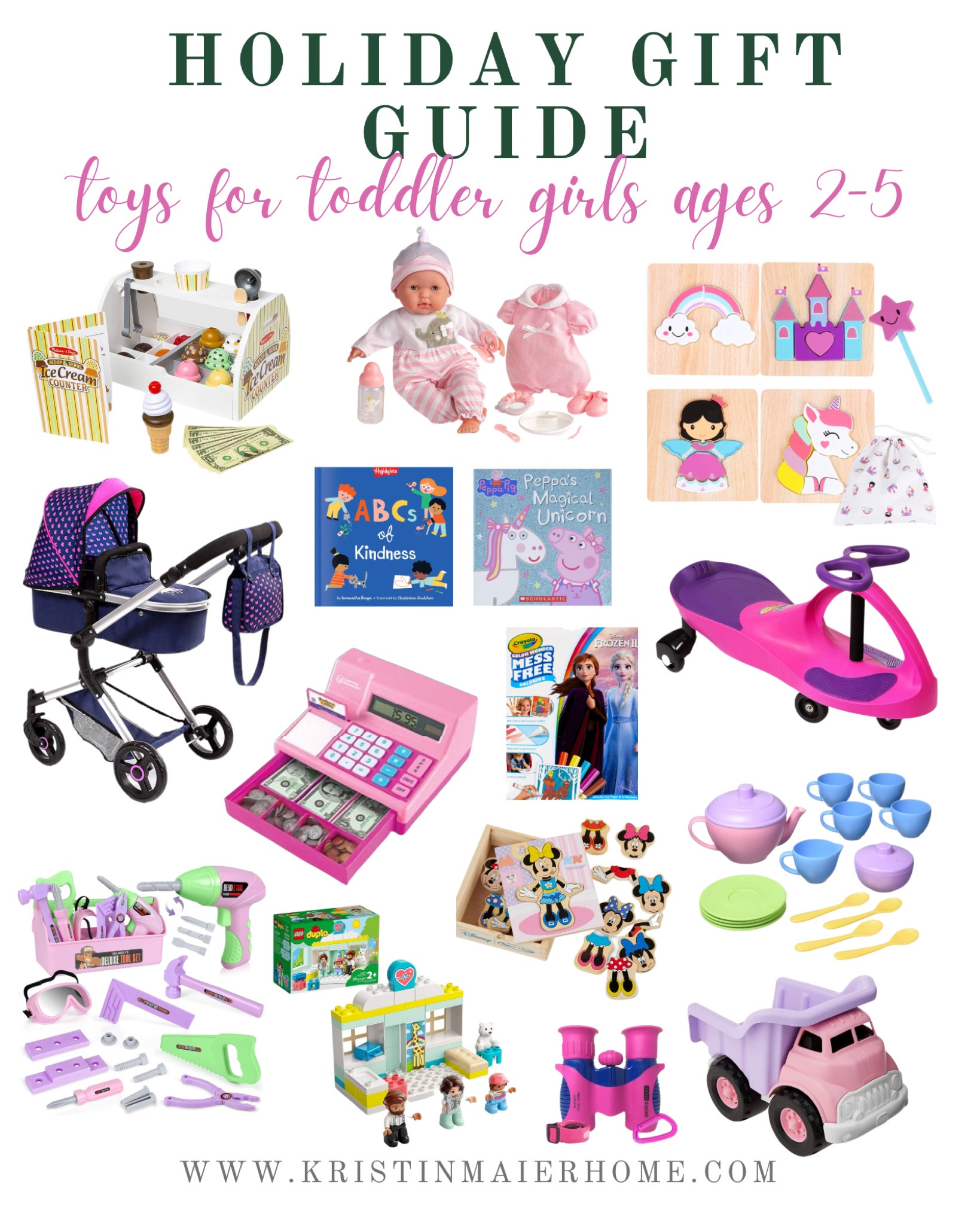 Holiday gift guide ideas for toddler girls ages 2-5. Screen-free gift ideas. Dolls. Duplos. Tools. Tea party set. Christmas gift ideas. Hannukah gift ideas.

#LTKGiftGuide #LTKkids #LTKHoliday