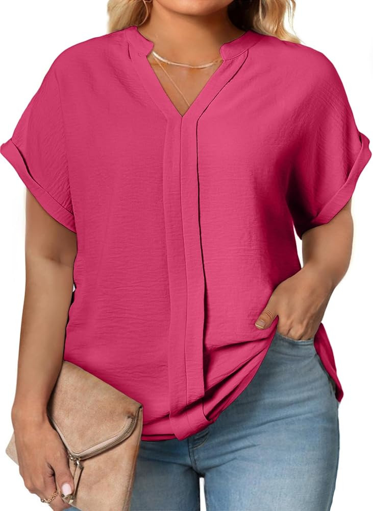 Eytino Womens Plus Size Summer Tops V Neck Short Sleeve Dressy Casual Blouse Work Shirts (1X-5X) | Amazon (US)
