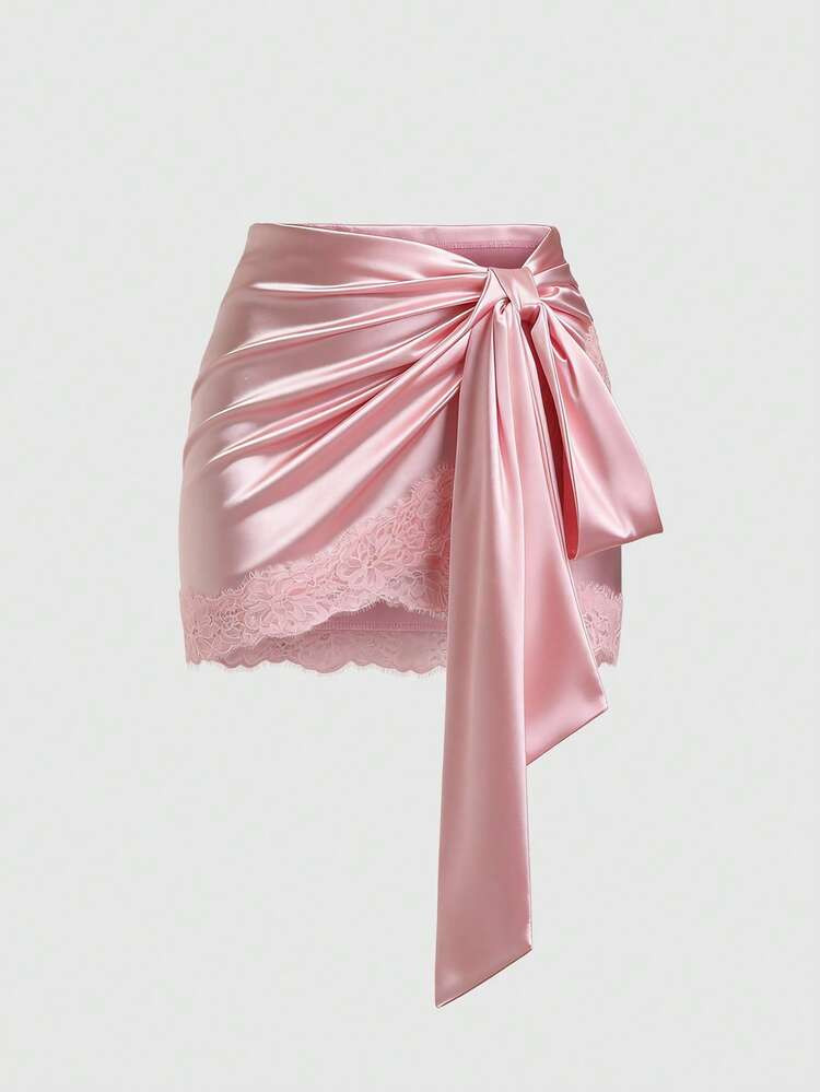 Sweetra Y2K Sexy Asymmetrical Hem Lace Trim Skirt, Suitable For Vacation And Commute | SHEIN