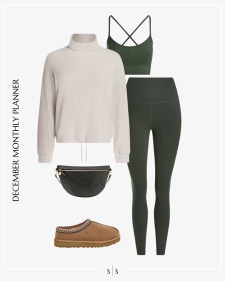 Monthly outfit planner: JANUARY: Winter looks | pullover, sports bra, leggings, slippers, belt bag 

Athleisure, weekend outfit, activewear, loungewear 

See the entire calendar on thesarahstories.com ✨ 

#LTKfitness #LTKstyletip