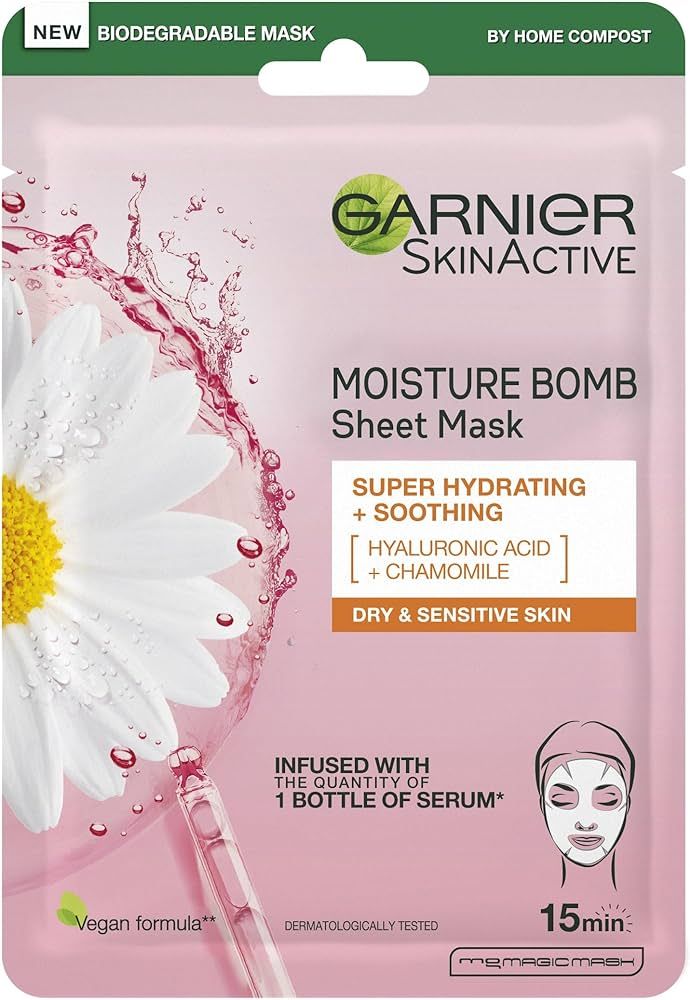 Garnier Moisture Bomb Chamomile And Hyaluronic Acid Sheet Mask, Hydrating & Soothing Face Mask, F... | Amazon (UK)