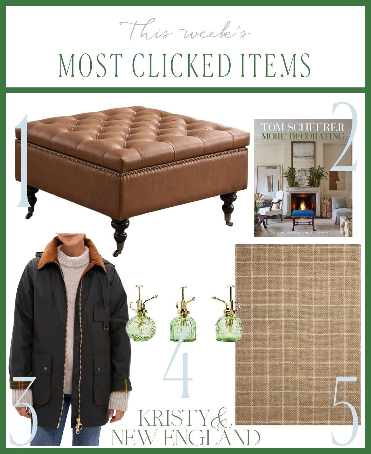 Most popular this week: tufted ottoman, coffee table book, Barbour jacket, mister set, windowpane rug 

#LTKOver40 #LTKHome