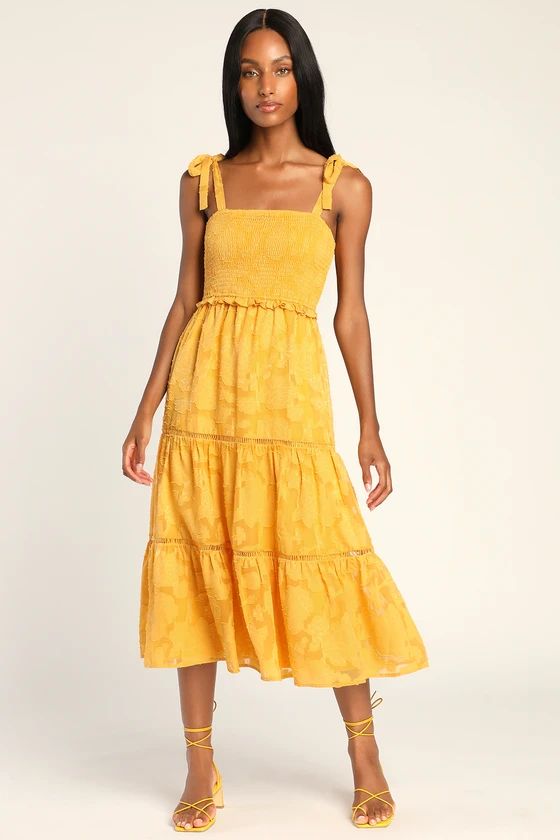 Float to Love Yellow Jacquard Smocked Tie-Strap Midi Dress | Lulus (US)