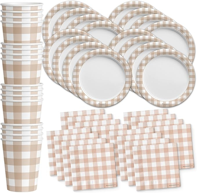 Beige Gingham Birthday Party Supplies Set Plates Napkins Cups Tableware Kit for 16 | Amazon (US)