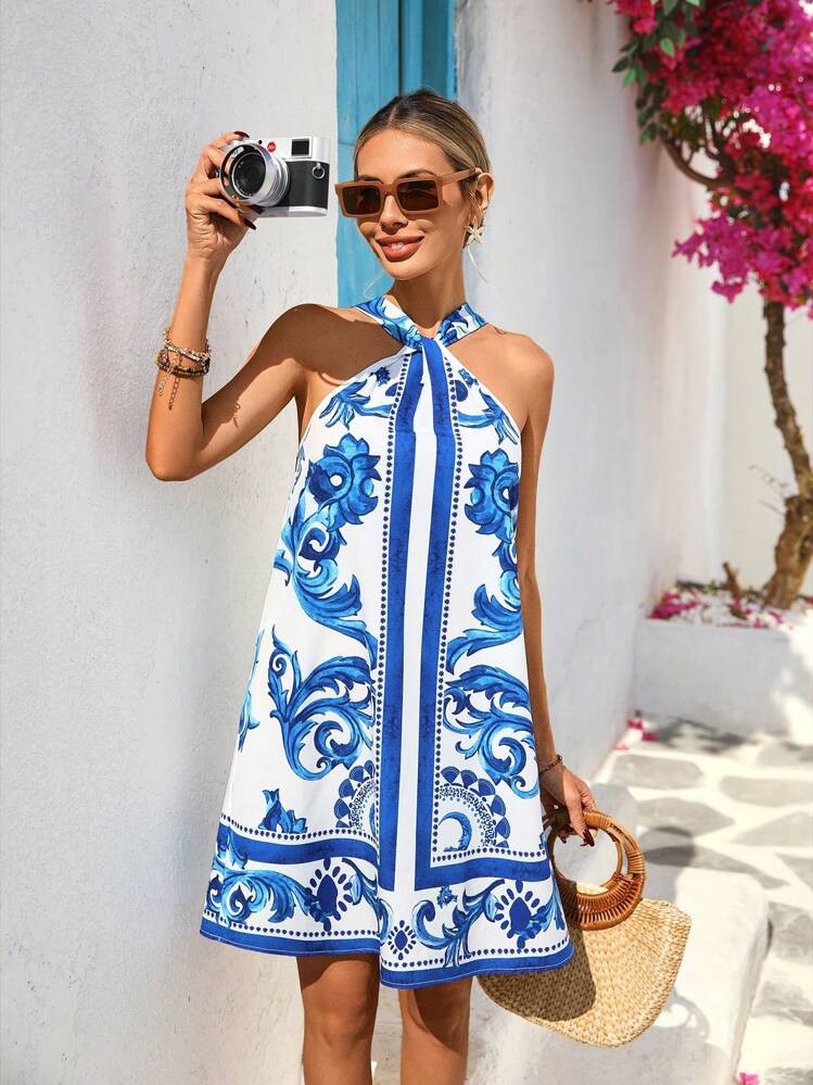 Vivid Eden White And Blue Floral Summer Boho Holiday Vacation Women's Hanging Neck A Swing Dress,... | SHEIN