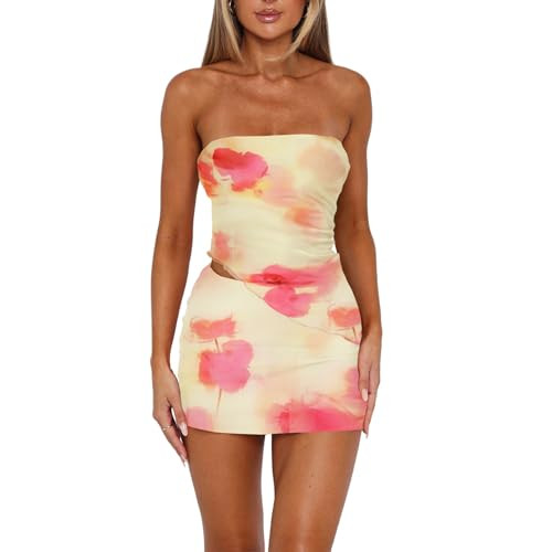 Goafuliy Womens Sexy Summer Two Piece Outfits Floral Print Asymmetrical Tube Top and Bodycon Mini Skirt Y2k Sets Yellow XL | Amazon (US)