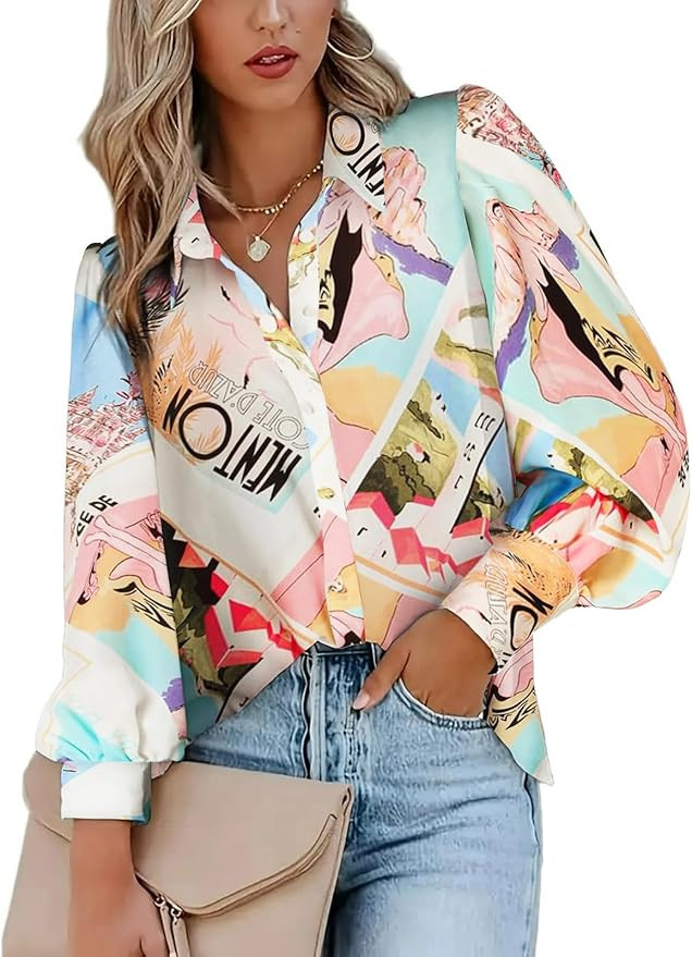 Zeagoo Womens Shirts Button Down Printed Lantern Long Sleeve Blouse Fashion Casual Tops 2025 | Amazon (US)