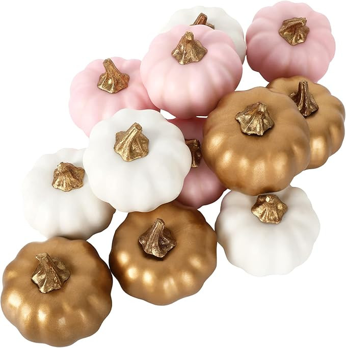12Pcs Artificial Pumpkins Mini White Pink Gold Fake Foam Pumpkins Faux Harvest Pumpkins for Autum... | Amazon (US)