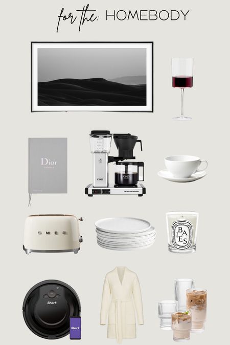 Gift guide for the home body! Home decor, home dinnerware, cappuccino mugs, smeg toaster, pottery barn plates, dior coffee table book, candle, skims robe, square wine glass, shark robot vacuum 