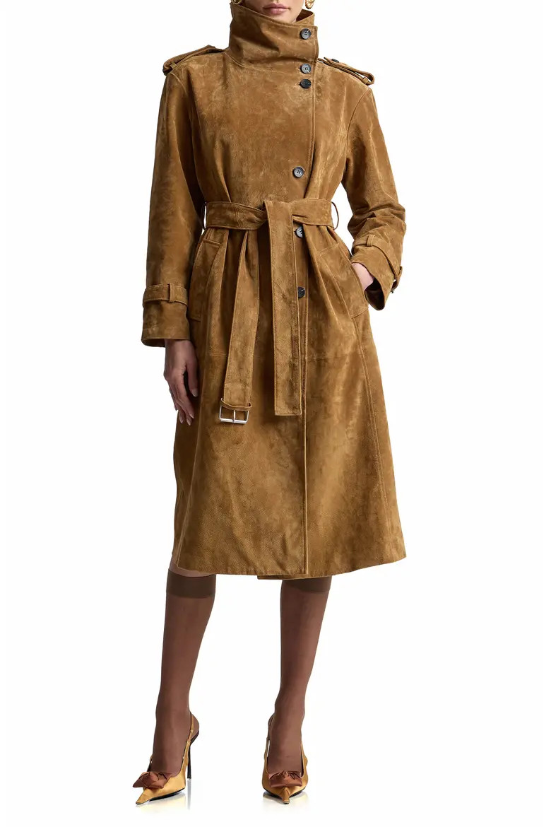 Avec Les Filles Funnel Neck Slouchy Leather Trench Coat in Whiskey at Nordstrom, Size Medium | Nordstrom