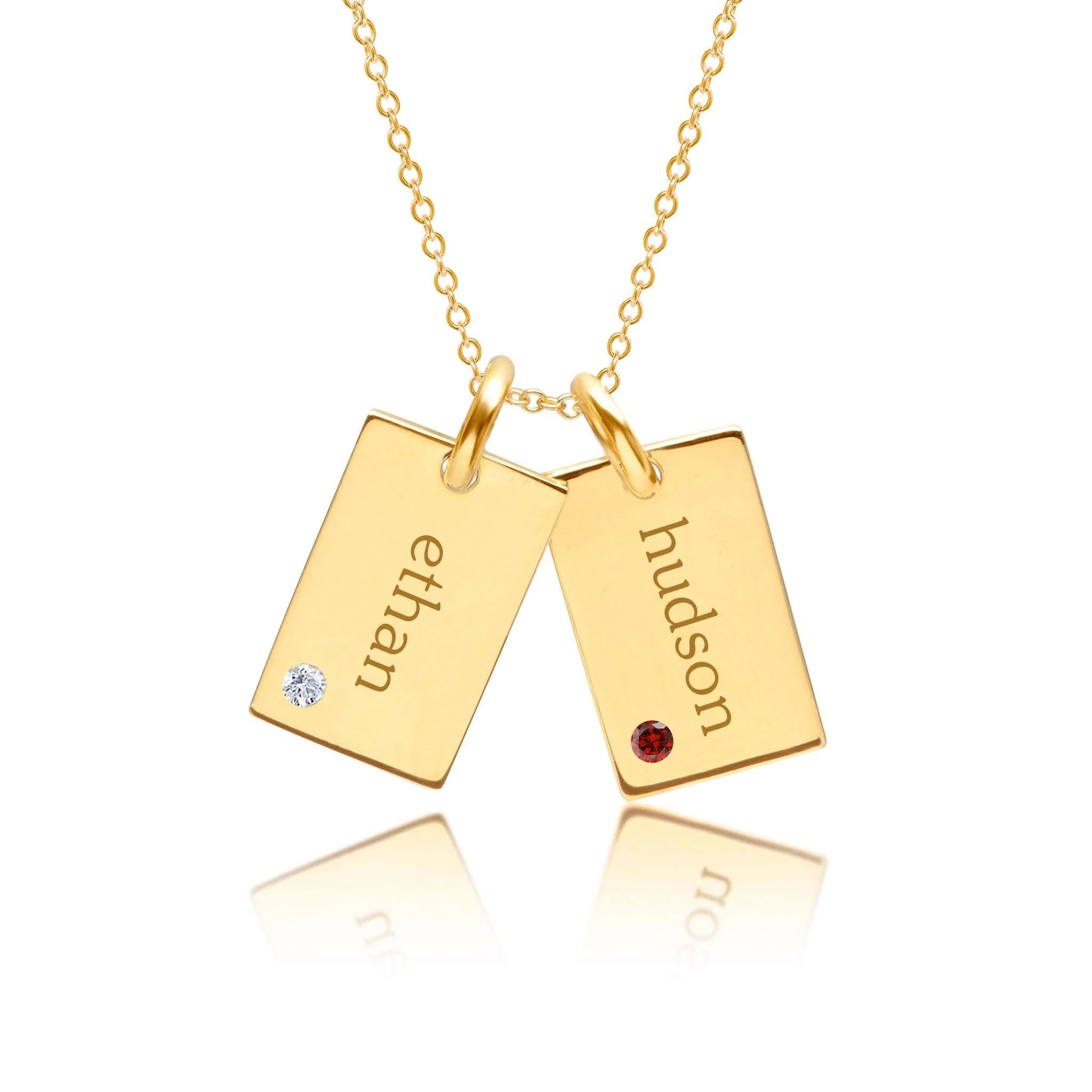 14k Gold Mini Dog Tag Necklace - 2 Names With Birthstones | Tiny Tags