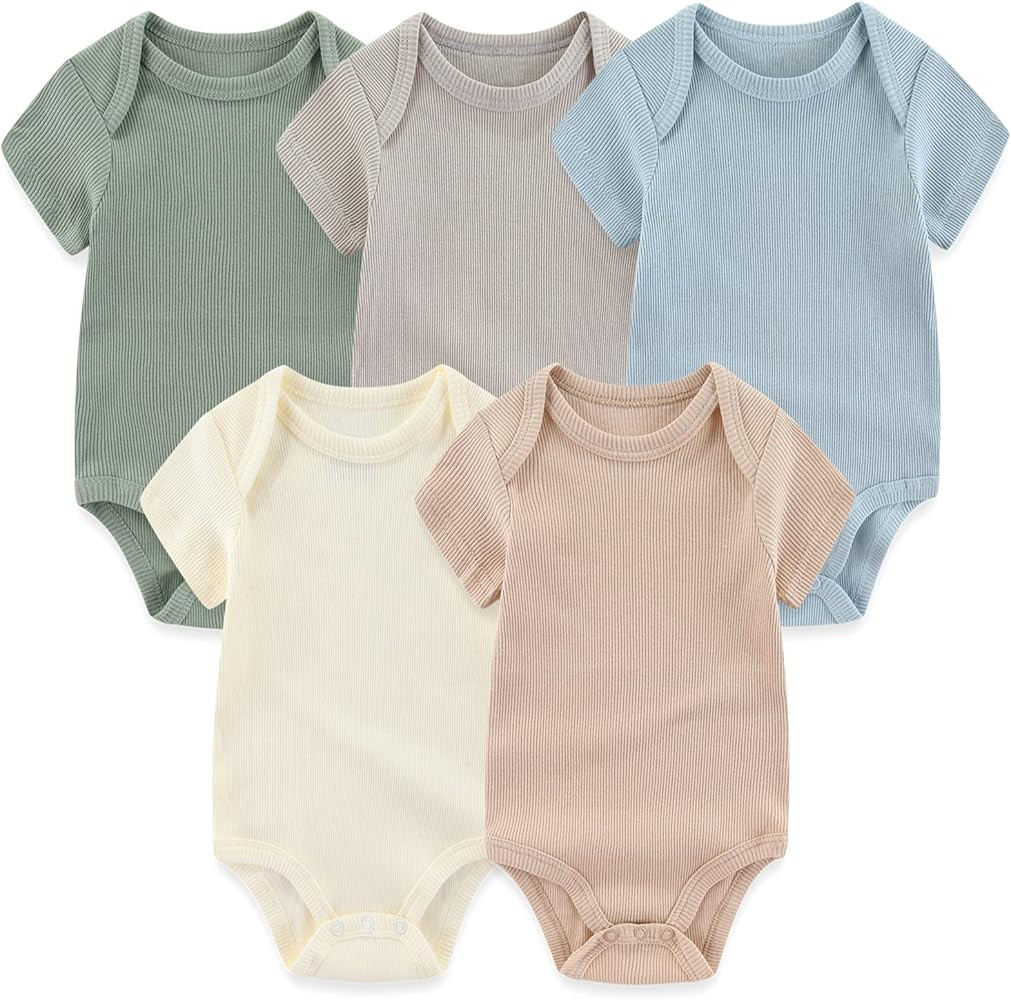 MAMIMAKA Newborn Baby Short Sleeve Bodysuit Cotton One-Piece Baby Clothes 5-Pack, 0-12 Months | Amazon (US)