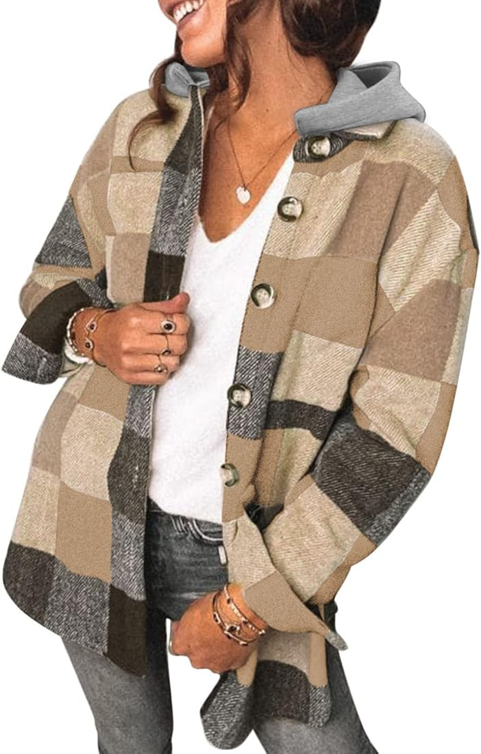 SHEWIN Womens Long Sleeve Button Down Plaid Shirts Flannel Hooded Shacket Jacket Hoodie Coats | Amazon (US)