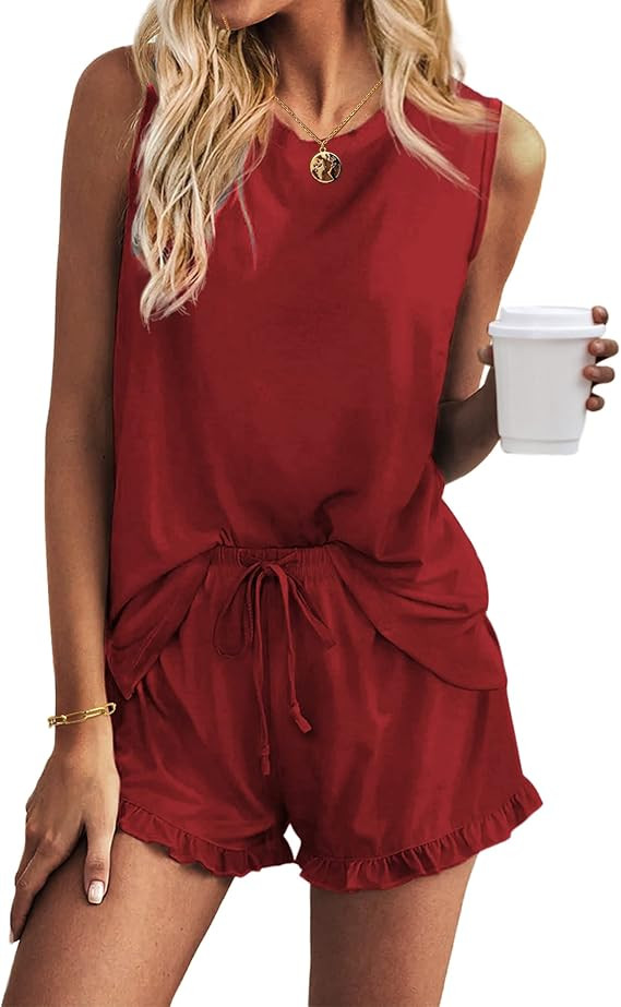 Ekouaer 2 Pack Women’s Pajama Set Print Sleepwear Tank Tops and Ruffled Shorts with Pockets Lou... | Amazon (US)