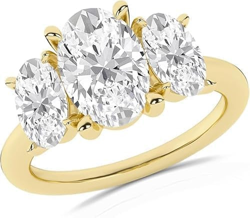 Three Stone Oval Cut Lab Created Diamond Engagement Ring, 4.00 Carat, 14K Yellow Gold Finish, Fin... | Amazon (US)