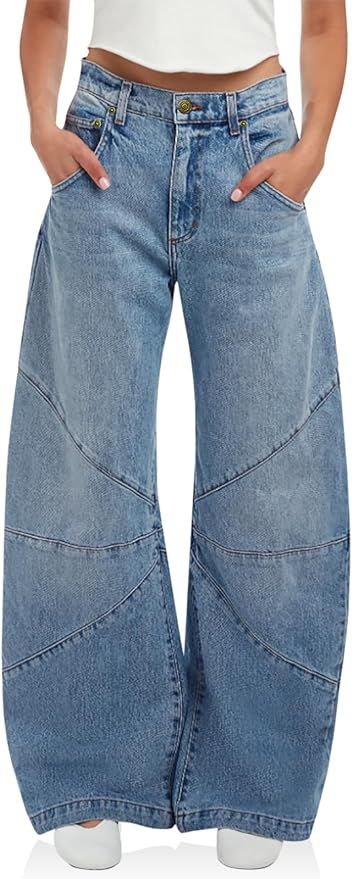 PLNOTME Womens High Waisted Barrel Jeans Casual Loose Boyfriend Wid Leg Denim Pants | Amazon (US)