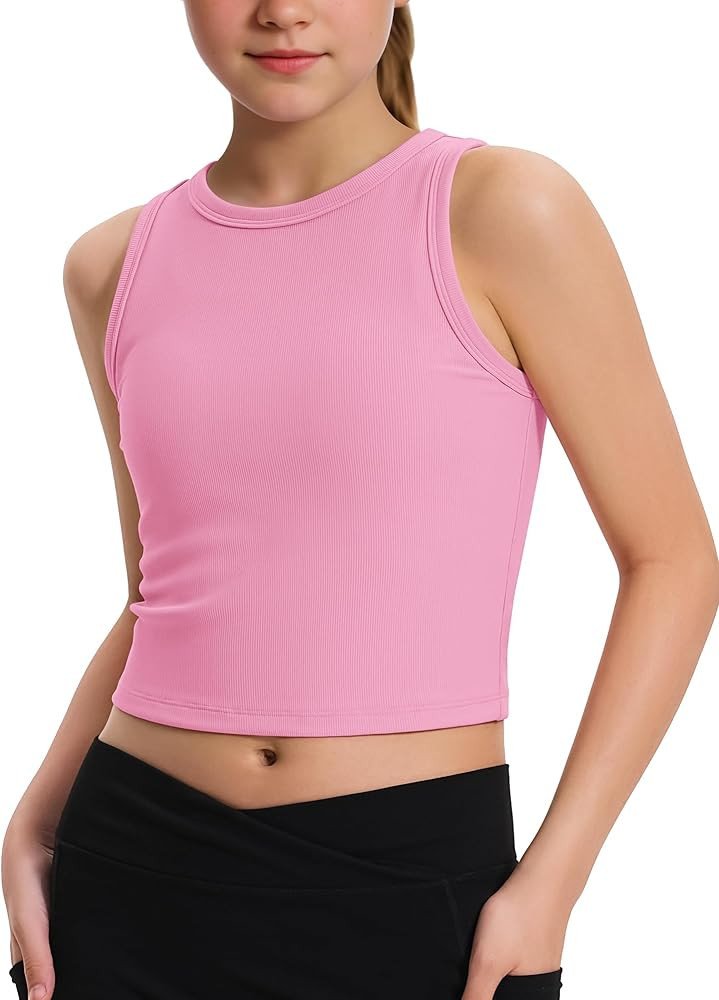 JOCMIC Girls Tank Tops Kids Athletic Tank Ribbed Knit High Neck Crop Tops for Gym Yoga | Amazon (US)