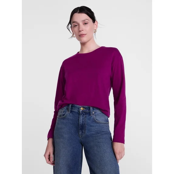 Scenario Women's Relaxed Slub Tee with Long Sleeves, Sizes XS-XXXL | Walmart (US)