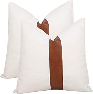 Cygnus Set of 2 White Linen Patchwork Faux Leather Throw Pillow Covers for Couch Living Room Bedr... | Amazon (US)