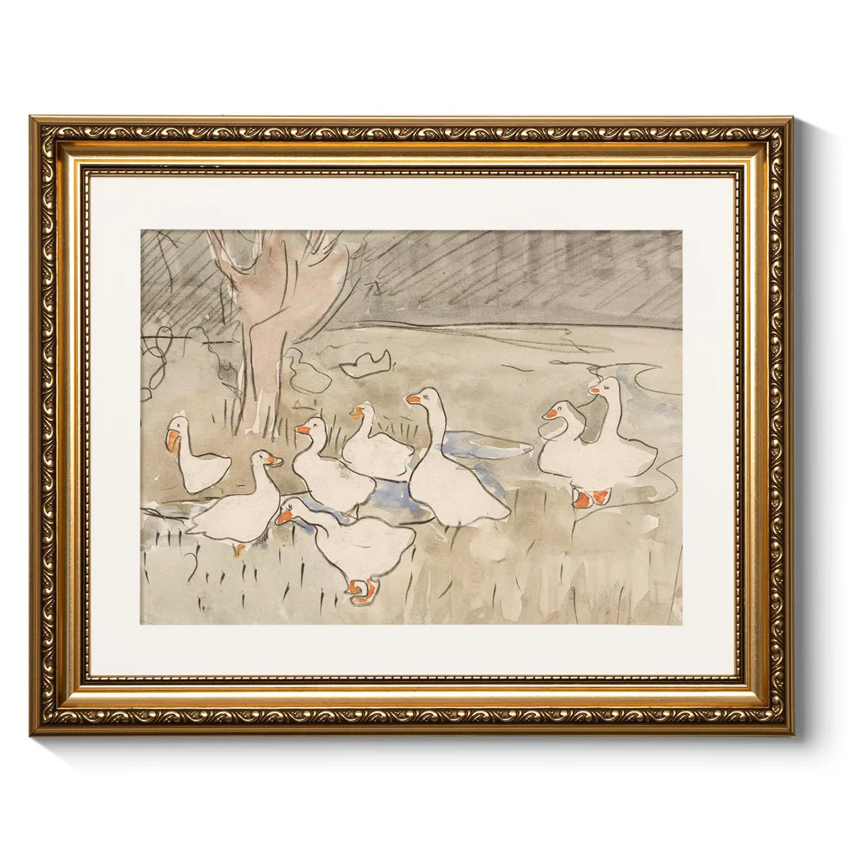Vintage Gold Framed Wall Art, Farmhouse Nursery Duck Paintings, Rustic Canvas Prints Artwork with... | Wayfair North America
