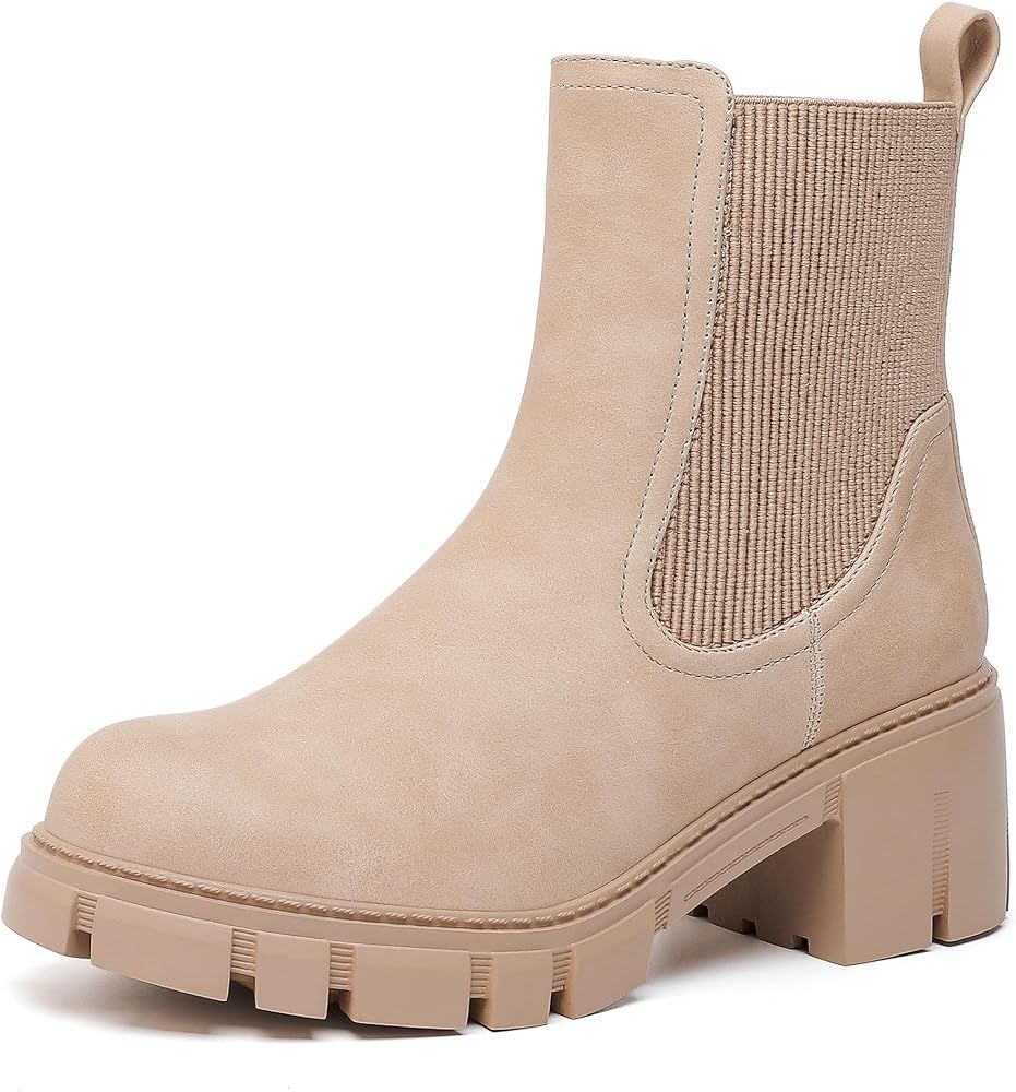 YETIER Women's Lug Sole Ankle Booties Non-Slip Chunky Heel Combat Shoes Elastic Chelsea Platform ... | Amazon (US)