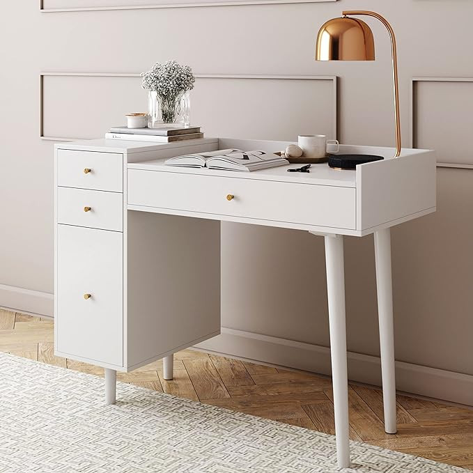 Nathan James Daisy Vanity Dressing Table or Makeup Desk with 4-Drawers and Brass Accent Knobs, Wh... | Amazon (US)