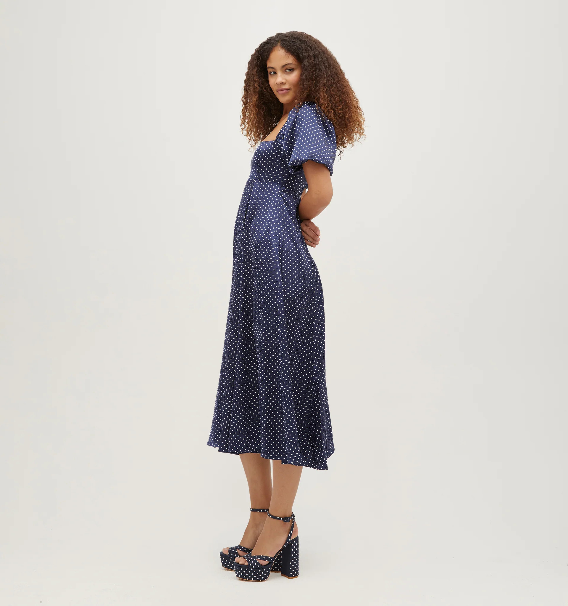 The Matilda Dress - Navy Polka Dot Silky Satin | Hill House Home