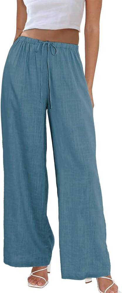 Duyang Womens Cotton Linen Palazzo Pants Drawstring Elastic Waist Casual Wide Leg Trousers with P... | Amazon (US)