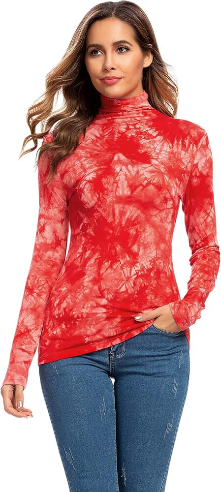 Women's Basic Long Sleeve Turtleneck T-Shirt Slim Fit Pullover Leopard/Flower Print Tops | Amazon (US)