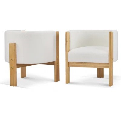 Set of 2 Modern Upholstered Armchairs, White Boucle Fabric & Natural Rubber Wood Frame, 225lb Capacity | Wayfair North America