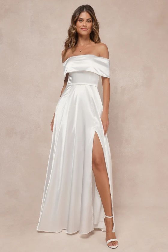 White Satin Off-the-Shoulder Maxi Dress | Wedding Dress Bride | Spring Wedding Dress | Lulus
