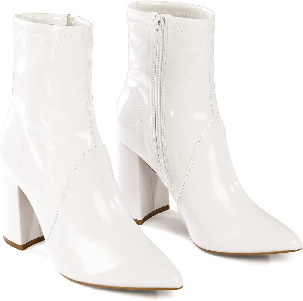 mysoft Women's GoGo Boots Block Heel Ankle Boots Pointed Toe Patent Leather Side Zipper Booties | Amazon (US)