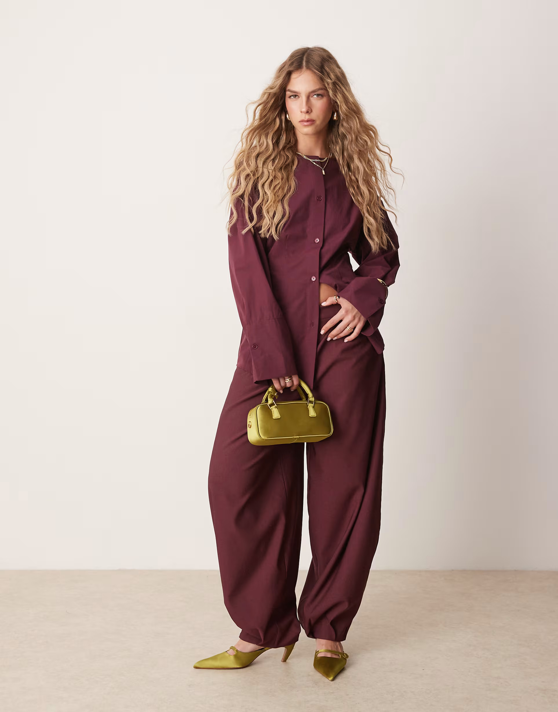 ASOS DESIGN poplin collarless cinch waist shirt in plum | ASOS (Global)