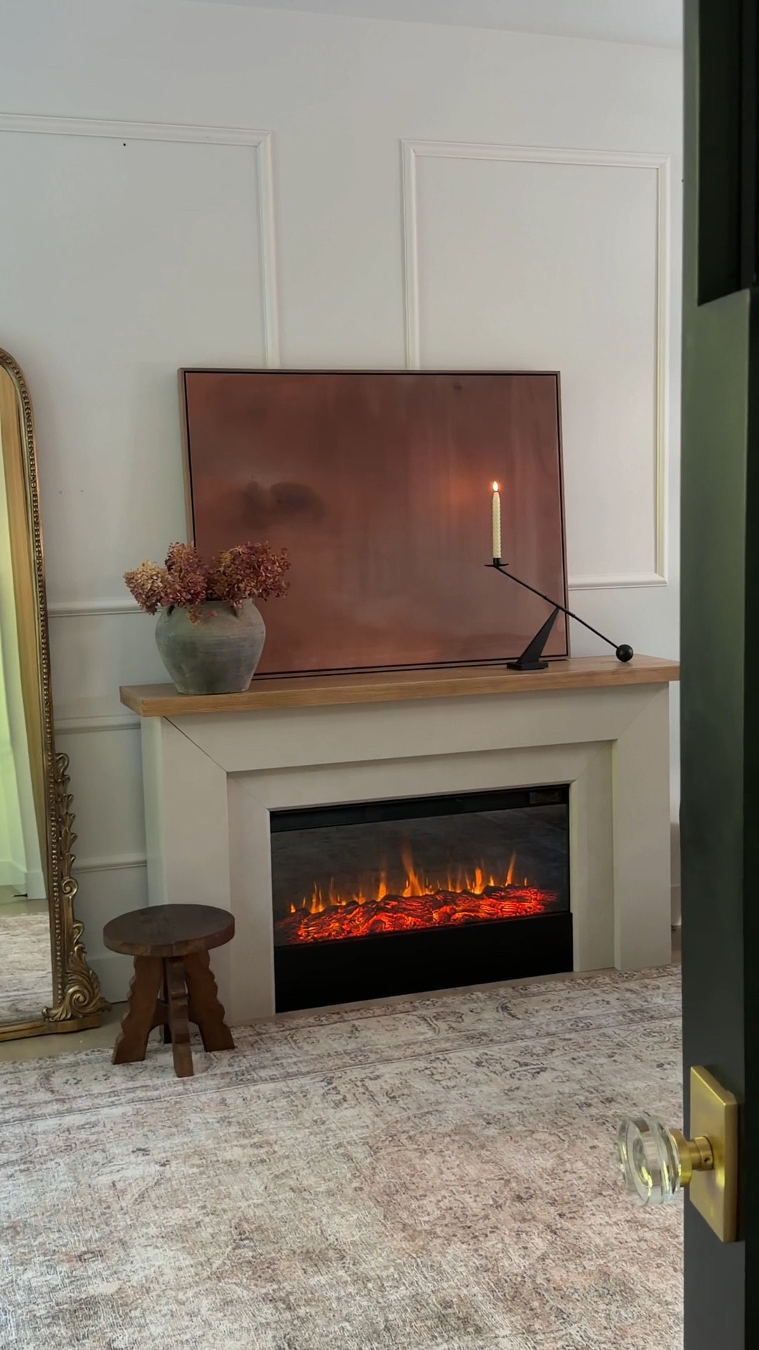 Plug-in electric fireplace with mantel 

no chimney, no gas line, no contractor… just plug it in ✨
fireplace aesthetic all year long 🤎 turn the heat off and keep the flames on all summer, then click the heat on when winter hits. the newer models are even prettier than mine too!