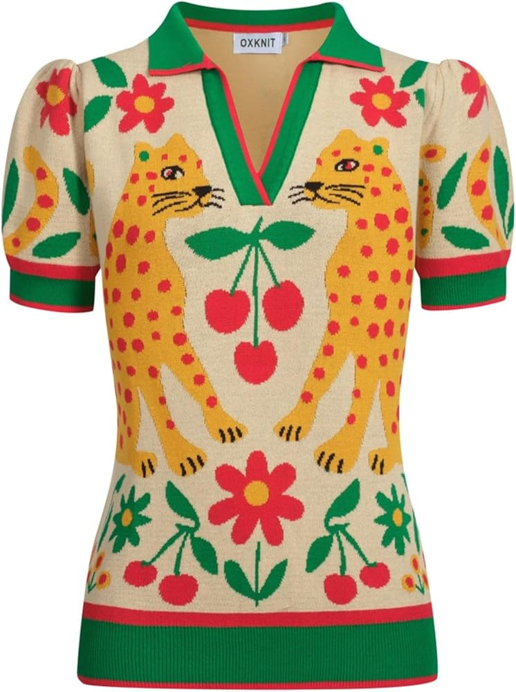 OXKNIT Women's Knitted Polo Shirts Short Sleeve, Retro Leopard Pattern Beige Casual Cotton V-Neck... | Amazon (US)