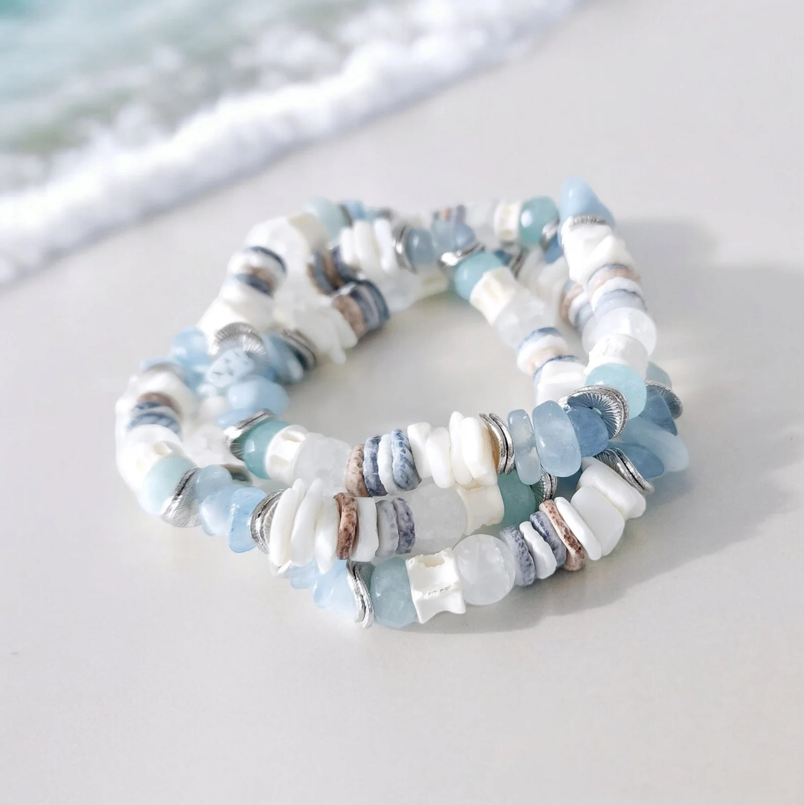 Sea Glass Bracelet: Handmade Shell & Aquamarine Beaded Nautical Jewelry | Etsy (Global)