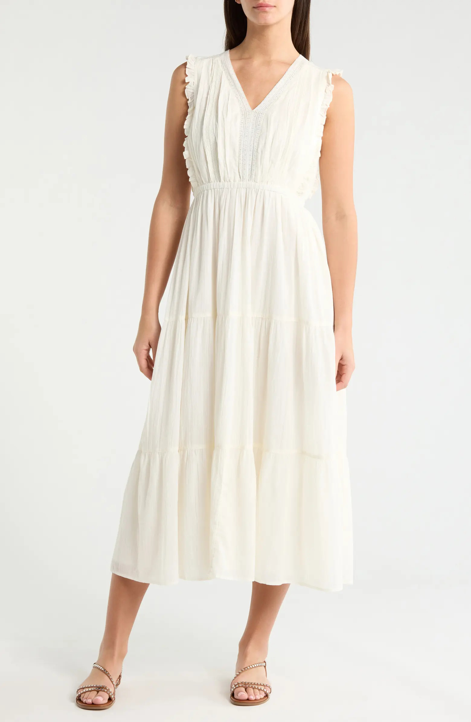 Lucky Brand Lace Detail Tiered Cotton Midi Dress | Nordstrom | Nordstrom