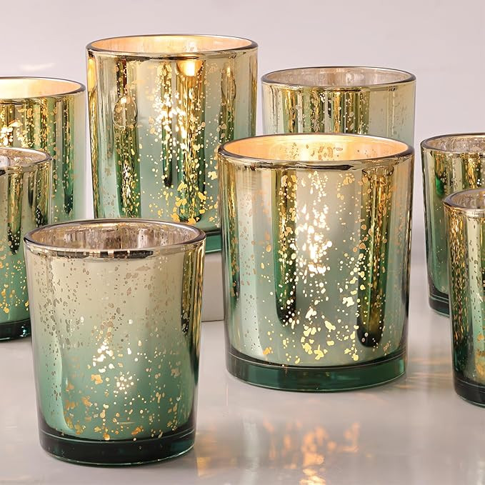 Volens 12pcs Assorted Green Votive Candle Holders, Large Speckles Mercury Glass Votive & Tealight... | Amazon (US)