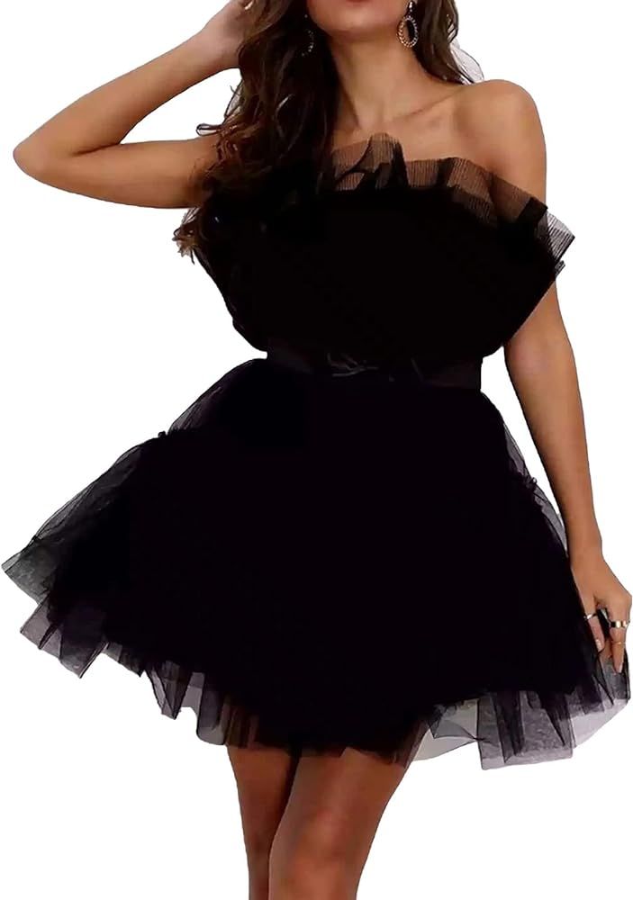 Women's Tube Tulle Mini Dress Strapless Sleeveless Backless Birthday Fairy Puffy Prom Dress Mesh ... | Amazon (US)